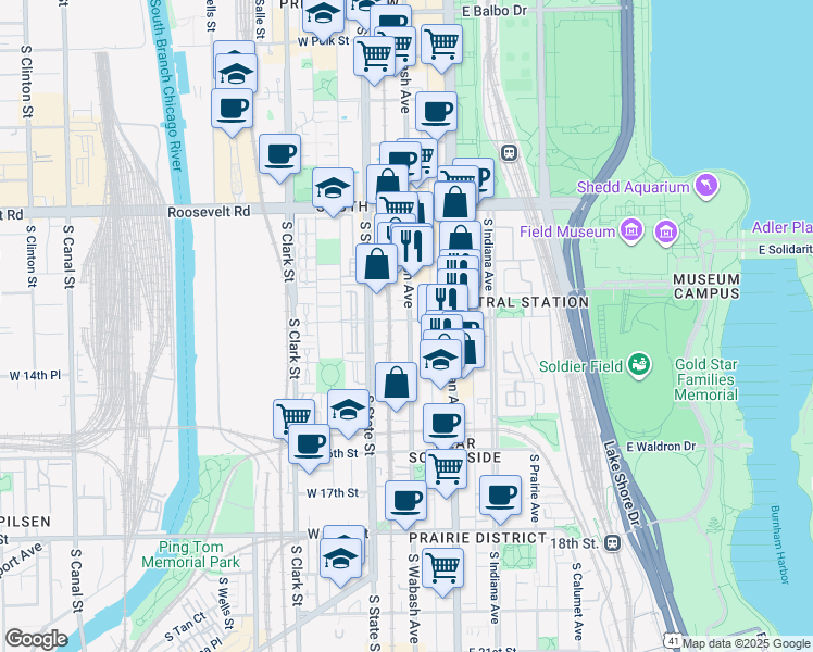 map of restaurants, bars, coffee shops, grocery stores, and more near 1421 South Wabash Avenue in Chicago