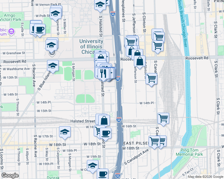 map of restaurants, bars, coffee shops, grocery stores, and more near 432 West 14th Street in Chicago