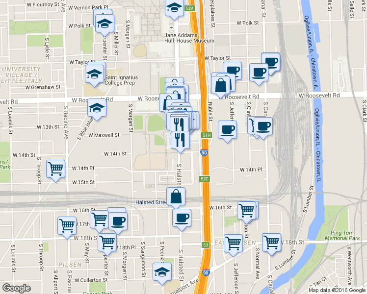 map of restaurants, bars, coffee shops, grocery stores, and more near 757 West 14th Street in Chicago