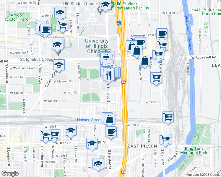 map of restaurants, bars, coffee shops, grocery stores, and more near 757 West 14th Street in Chicago