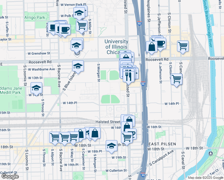 map of restaurants, bars, coffee shops, grocery stores, and more near 1439 South Morgan Street in Chicago