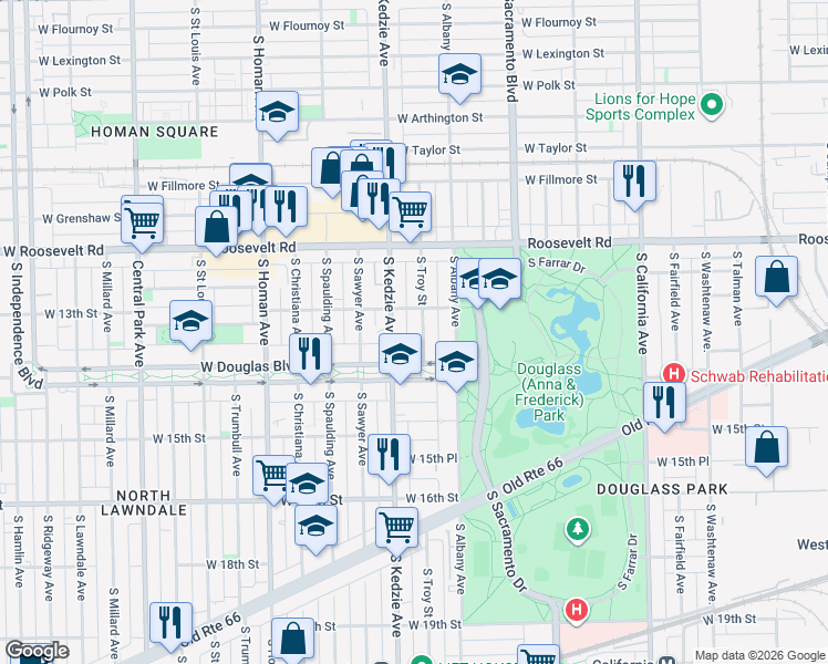 map of restaurants, bars, coffee shops, grocery stores, and more near 1333 South Kedzie Avenue in Chicago