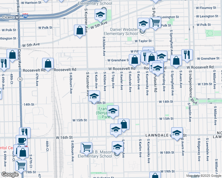 map of restaurants, bars, coffee shops, grocery stores, and more near 1323 South Kildare Avenue in Chicago