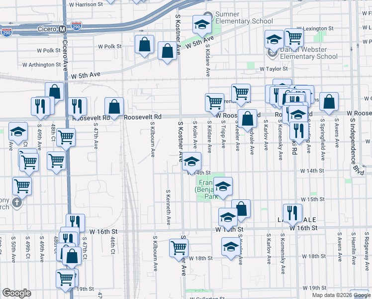 map of restaurants, bars, coffee shops, grocery stores, and more near 1300 South Kostner Avenue in Chicago