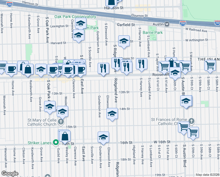map of restaurants, bars, coffee shops, grocery stores, and more near 1244 Ridgeland Avenue in Berwyn