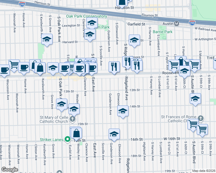 map of restaurants, bars, coffee shops, grocery stores, and more near 1247 Gunderson Avenue in Berwyn
