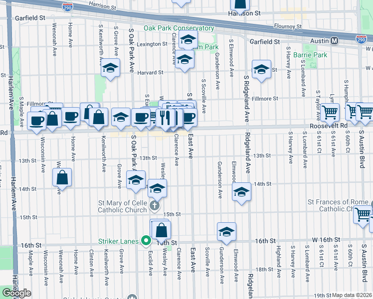 map of restaurants, bars, coffee shops, grocery stores, and more near 1244 East Avenue in Berwyn
