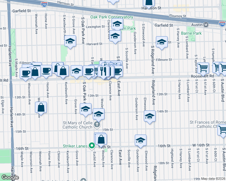 map of restaurants, bars, coffee shops, grocery stores, and more near 1244 East Avenue in Berwyn