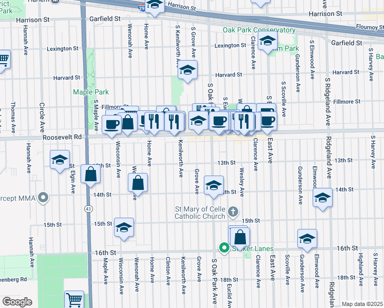 map of restaurants, bars, coffee shops, grocery stores, and more near 1246 Grove Avenue in Berwyn