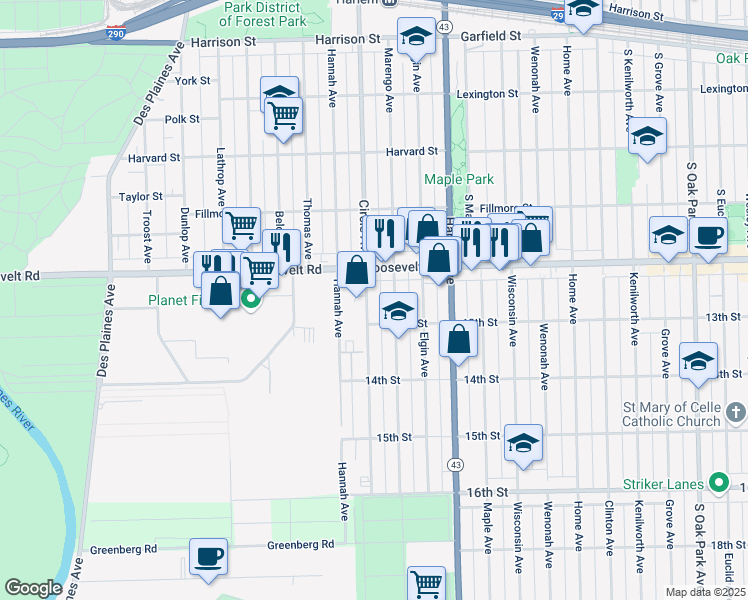 map of restaurants, bars, coffee shops, grocery stores, and more near 1237 Marengo Avenue in Forest Park