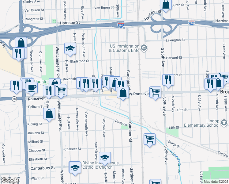 map of restaurants, bars, coffee shops, grocery stores, and more near 9855 Roosevelt Road in Westchester