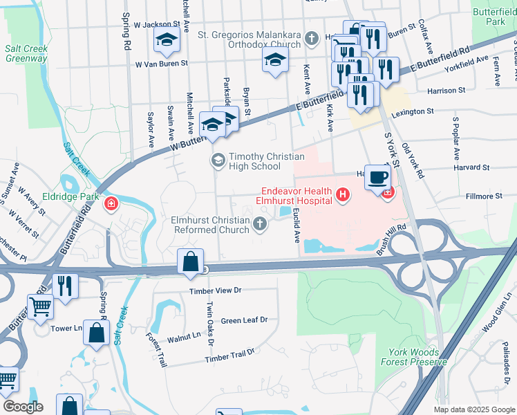 map of restaurants, bars, coffee shops, grocery stores, and more near 1050 Euclid Avenue in Elmhurst