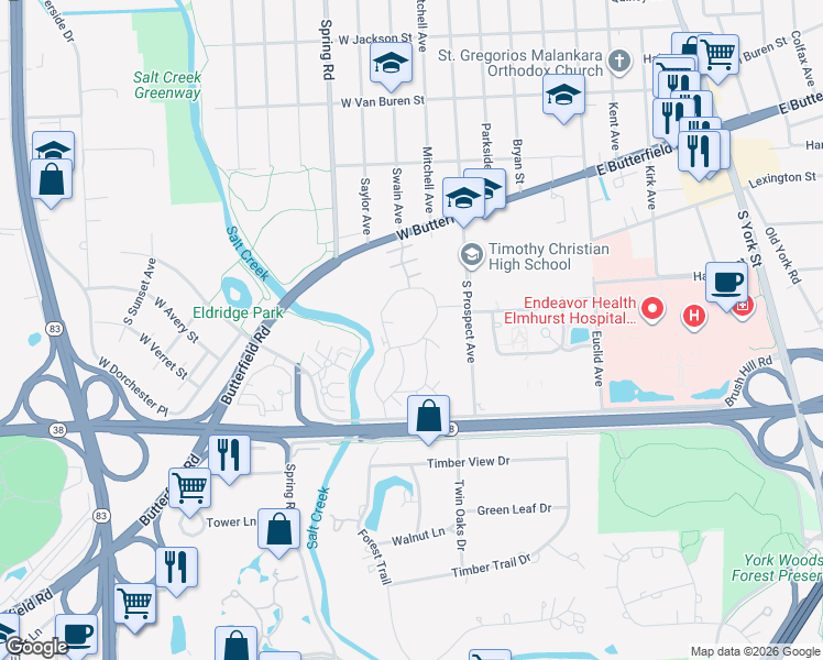 map of restaurants, bars, coffee shops, grocery stores, and more near 1020 Elm Creek Court in Elmhurst