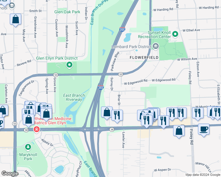 map of restaurants, bars, coffee shops, grocery stores, and more near 114 Surrey Drive in Glen Ellyn