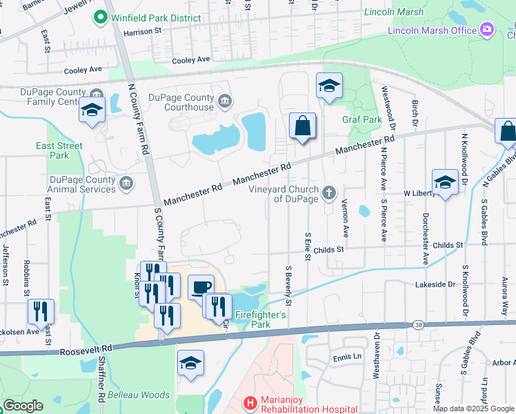 map of restaurants, bars, coffee shops, grocery stores, and more near 130 North Hazelton Avenue in Wheaton