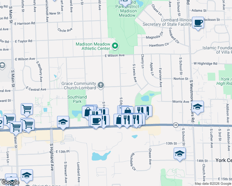 map of restaurants, bars, coffee shops, grocery stores, and more near 1140 South Edgewood Avenue in Lombard