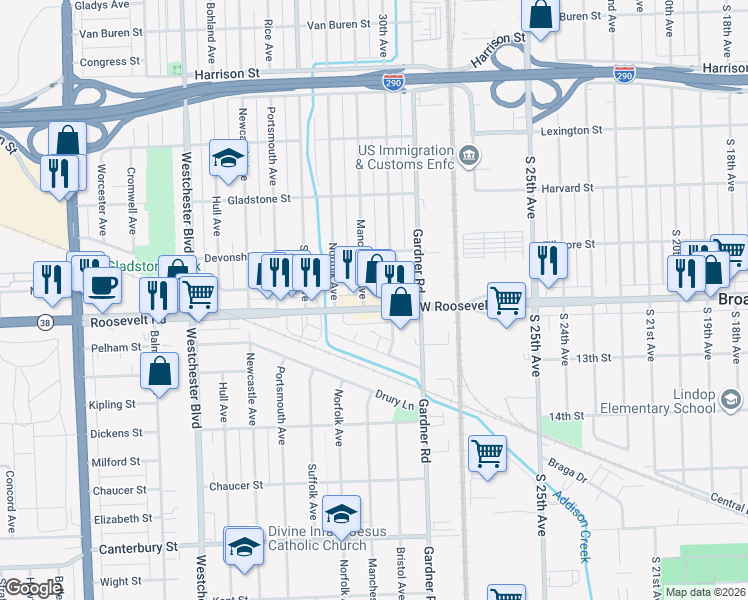 map of restaurants, bars, coffee shops, grocery stores, and more near 9855 Roosevelt Road in Westchester