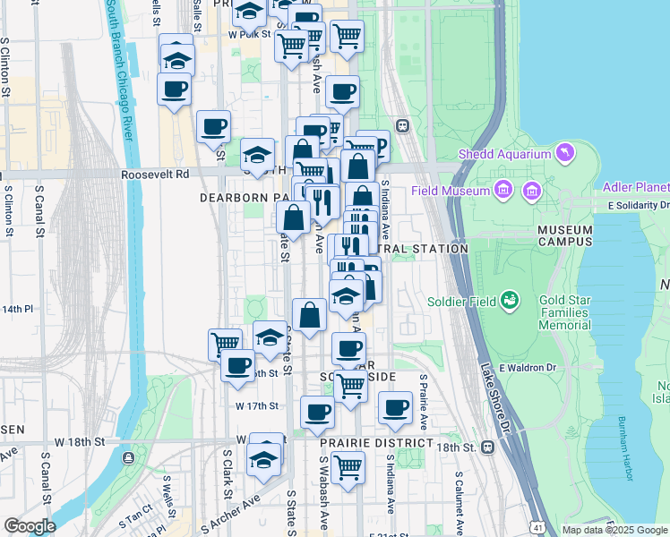 map of restaurants, bars, coffee shops, grocery stores, and more near 51 East 14th Street in Chicago