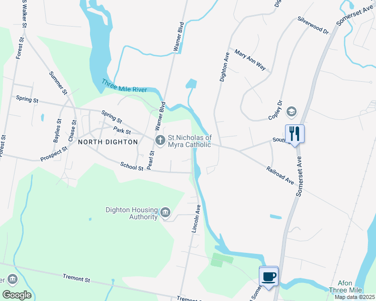 map of restaurants, bars, coffee shops, grocery stores, and more near 158 Lincoln Avenue in Dighton