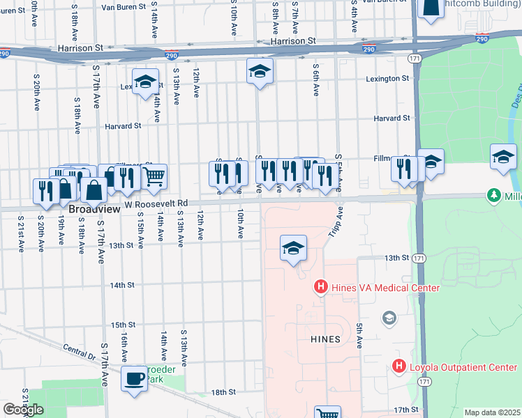 map of restaurants, bars, coffee shops, grocery stores, and more near 2226 South 9th Avenue in Broadview