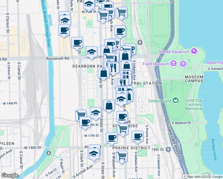 map of restaurants, bars, coffee shops, grocery stores, and more near 1421 South Wabash Avenue in Chicago