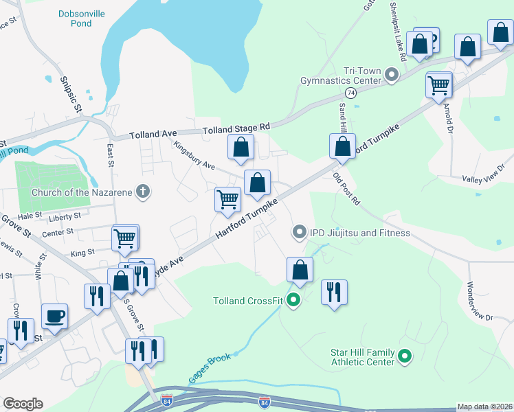 map of restaurants, bars, coffee shops, grocery stores, and more near 224 Hartford Turnpike in Tolland