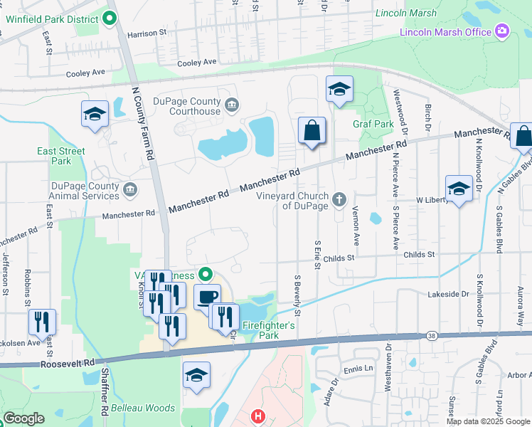 map of restaurants, bars, coffee shops, grocery stores, and more near 130 North Hazelton Avenue in Wheaton