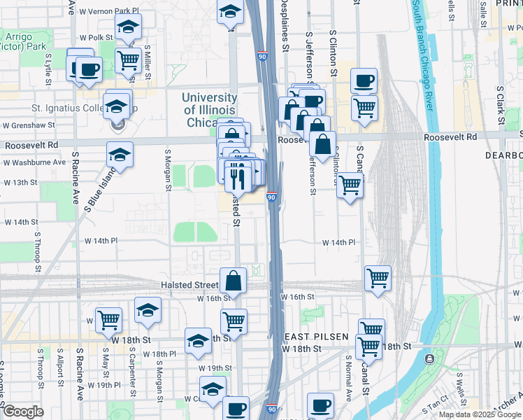 map of restaurants, bars, coffee shops, grocery stores, and more near 1350 South Union Avenue in Chicago