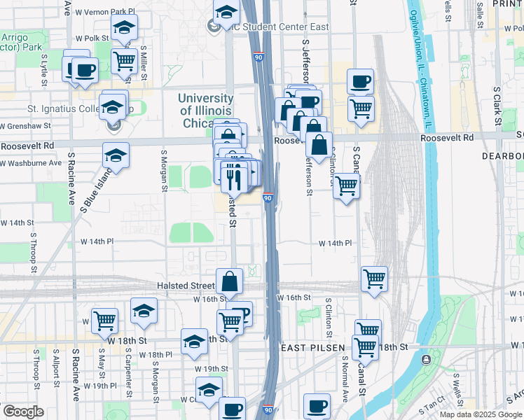 map of restaurants, bars, coffee shops, grocery stores, and more near 1350 South Union Avenue in Chicago