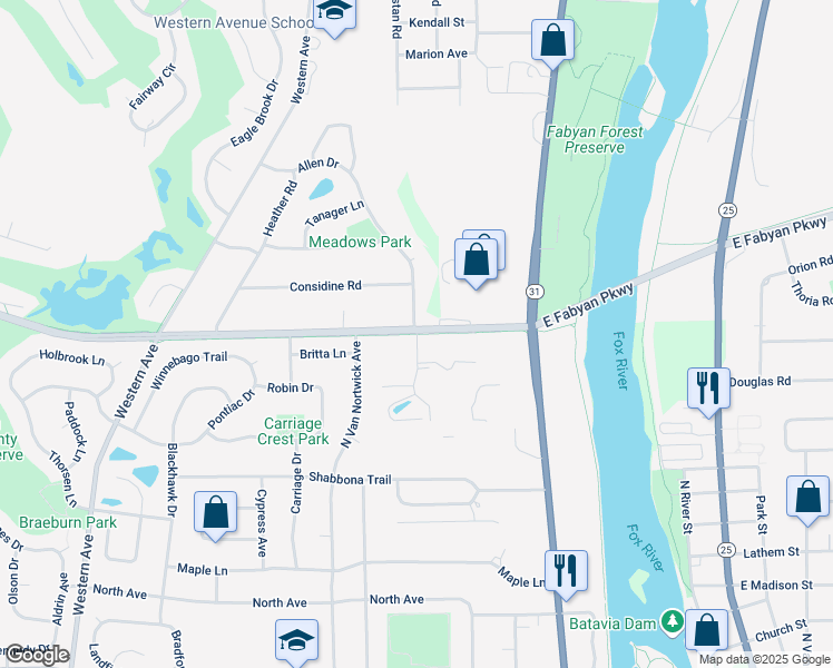 map of restaurants, bars, coffee shops, grocery stores, and more near River Rock Road in Batavia