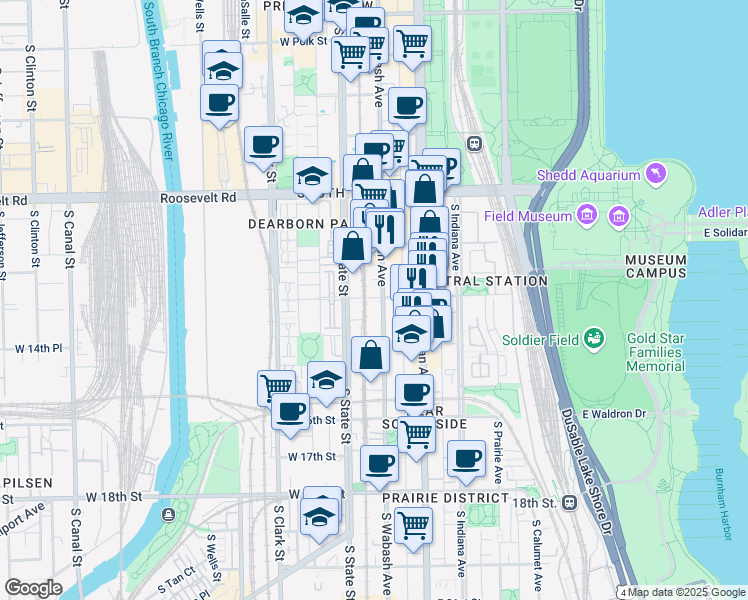 map of restaurants, bars, coffee shops, grocery stores, and more near 1400 South Wabash Avenue in Chicago