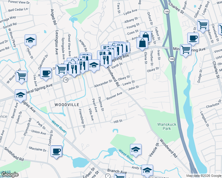 map of restaurants, bars, coffee shops, grocery stores, and more near 27 Robin Street in North Providence