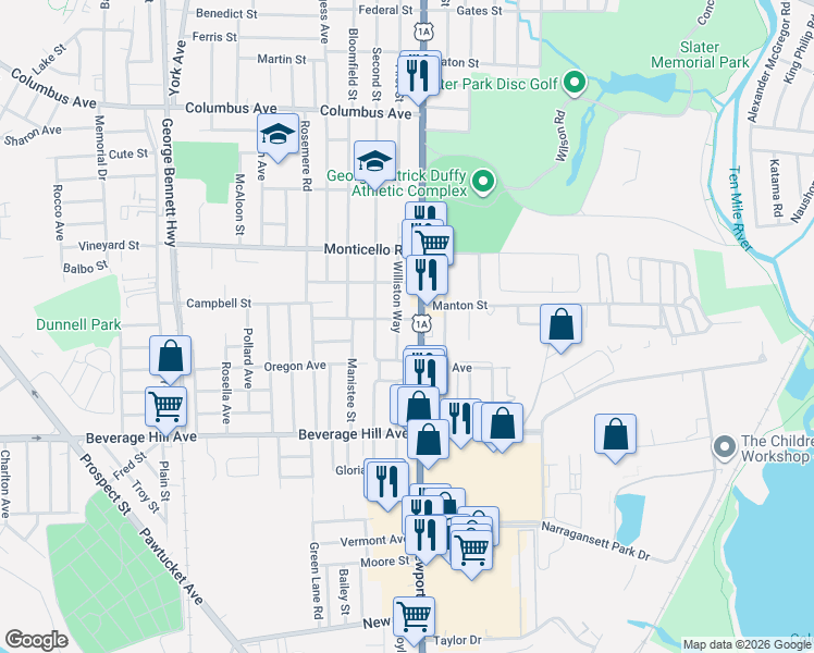 map of restaurants, bars, coffee shops, grocery stores, and more near 290 Williston Way in Pawtucket