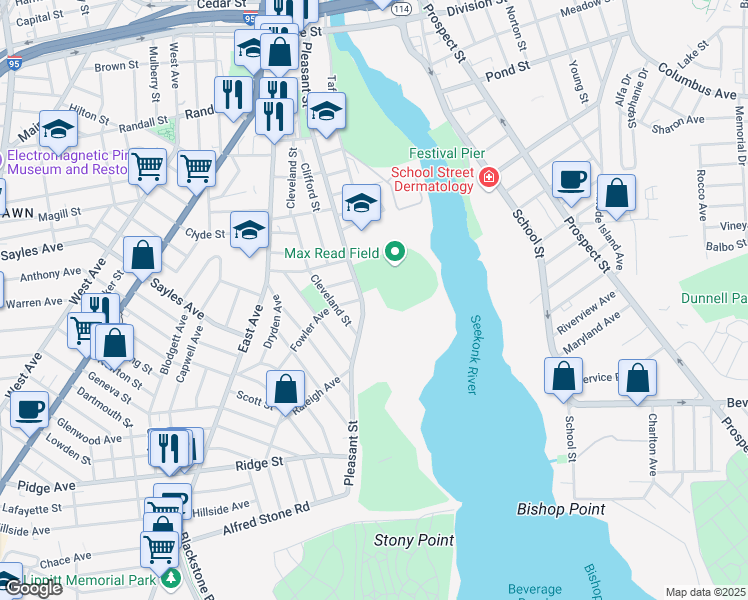 map of restaurants, bars, coffee shops, grocery stores, and more near 565 Pleasant Street in Pawtucket