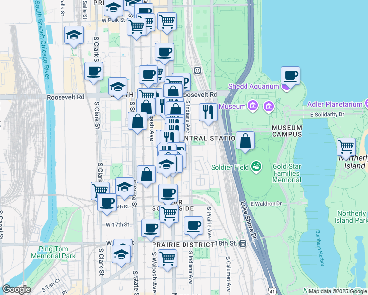 map of restaurants, bars, coffee shops, grocery stores, and more near 1430 South Indiana Avenue in Chicago