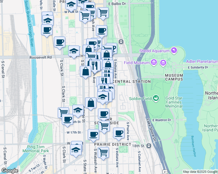 map of restaurants, bars, coffee shops, grocery stores, and more near 1416 Michigan Avenue in Chicago
