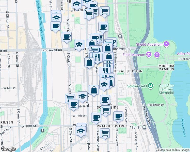 map of restaurants, bars, coffee shops, grocery stores, and more near 1421 South Wabash Avenue in Chicago