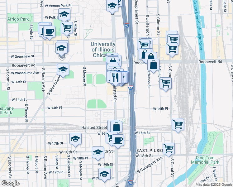 map of restaurants, bars, coffee shops, grocery stores, and more near 757 West 14th Street in Chicago