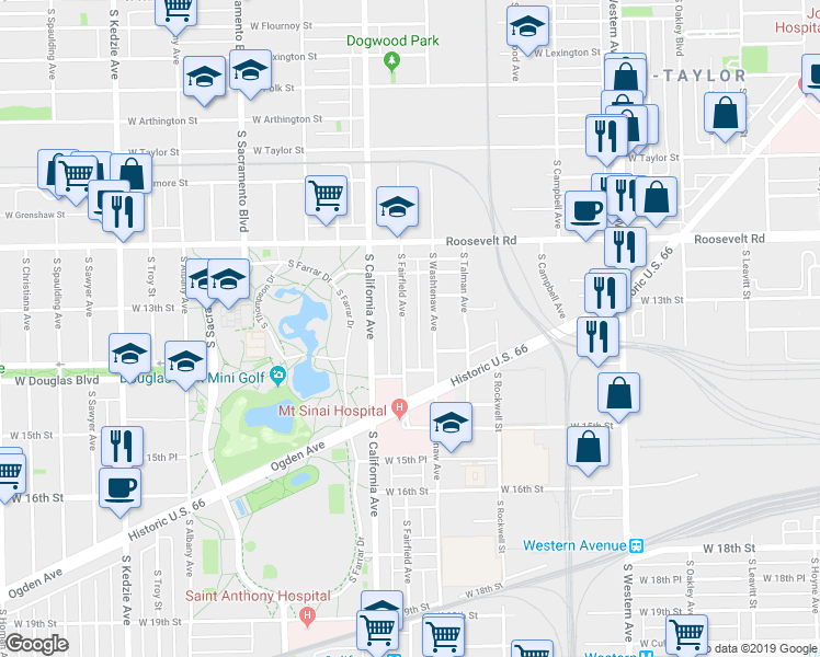 map of restaurants, bars, coffee shops, grocery stores, and more near 1341 South Fairfield Avenue in Chicago