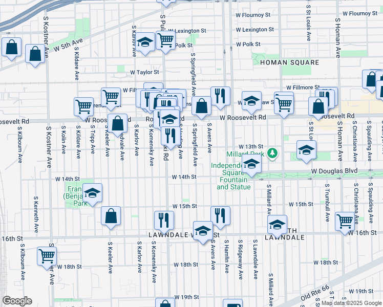 map of restaurants, bars, coffee shops, grocery stores, and more near 1330 South Springfield Avenue in Chicago