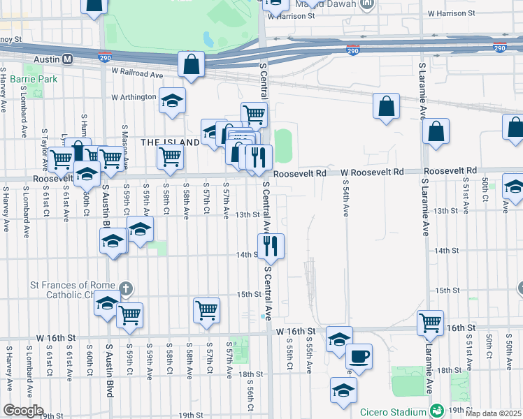 map of restaurants, bars, coffee shops, grocery stores, and more near 1305 South 56th Court in Cicero