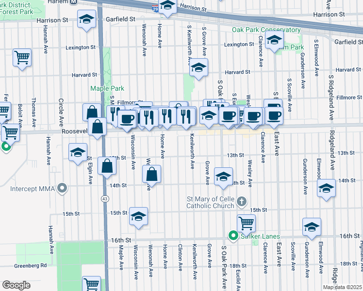 map of restaurants, bars, coffee shops, grocery stores, and more near 1244 Clinton Avenue in Berwyn