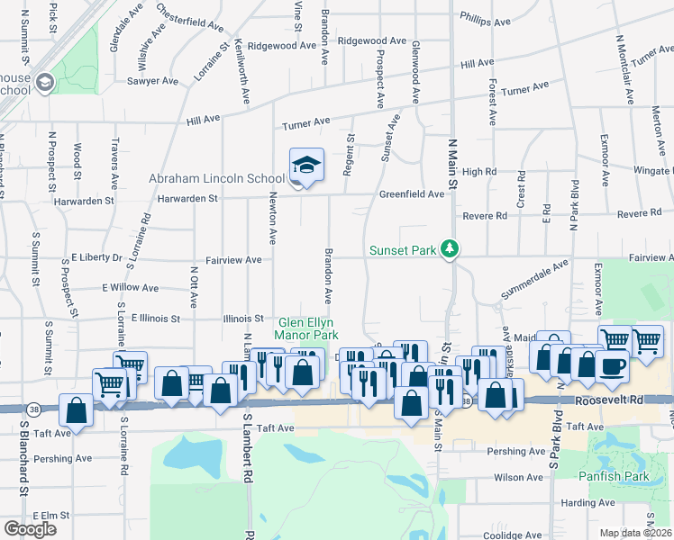 map of restaurants, bars, coffee shops, grocery stores, and more near 115 Brandon Avenue in Glen Ellyn