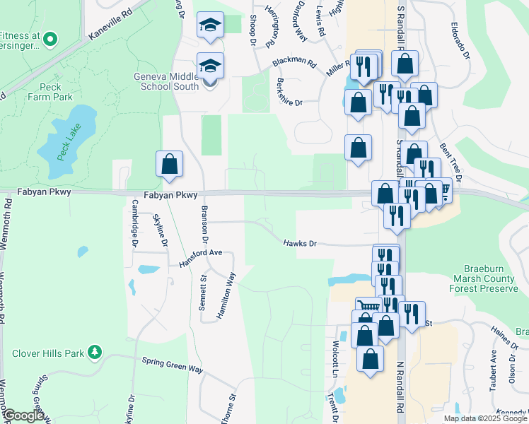 map of restaurants, bars, coffee shops, grocery stores, and more near 2400 Hawks Drive in Batavia