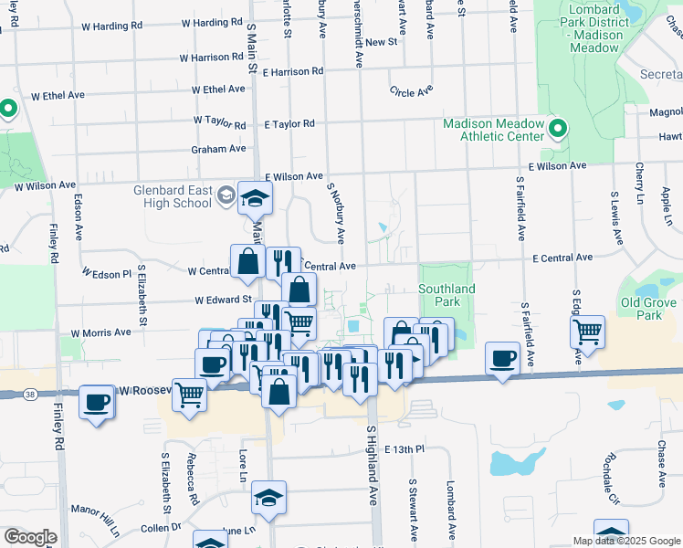 map of restaurants, bars, coffee shops, grocery stores, and more near 210 East Roosevelt Road in Lombard