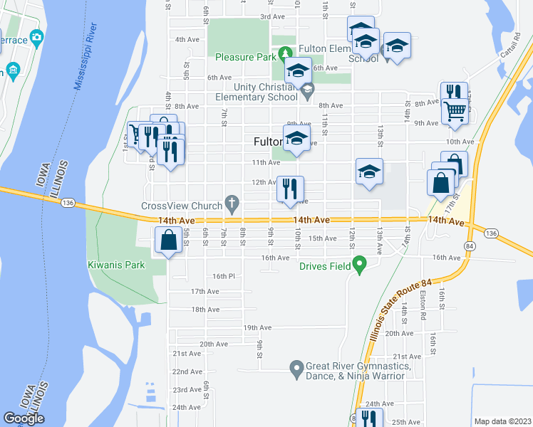 map of restaurants, bars, coffee shops, grocery stores, and more near 1300 9th Street in Fulton