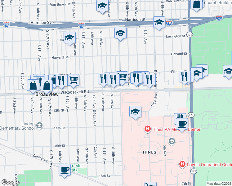 map of restaurants, bars, coffee shops, grocery stores, and more near 2222 South 10th Avenue in Broadview