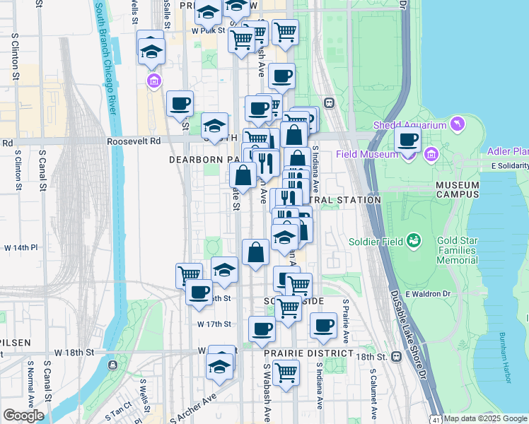 map of restaurants, bars, coffee shops, grocery stores, and more near South Wabash Avenue & East 14th Street in Chicago