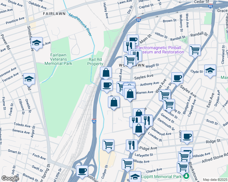 map of restaurants, bars, coffee shops, grocery stores, and more near 159 Warren Avenue in Pawtucket