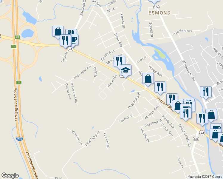 map of restaurants, bars, coffee shops, grocery stores, and more near 121 Scenery Lane in Johnston